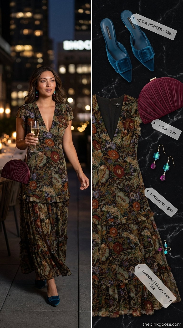 Glam summer birthday outfit for women 2026: Black floral maxi dress, teal mules, burgundy clutch & statement earrings.