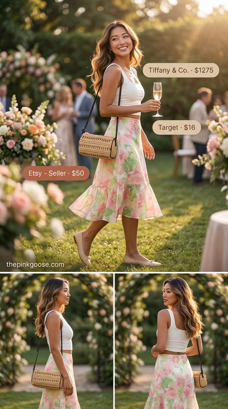 Glam summer birthday outfit for women 2026: Floral midi skirt, white tank, ballet flats, gold necklace, and straw bag.
