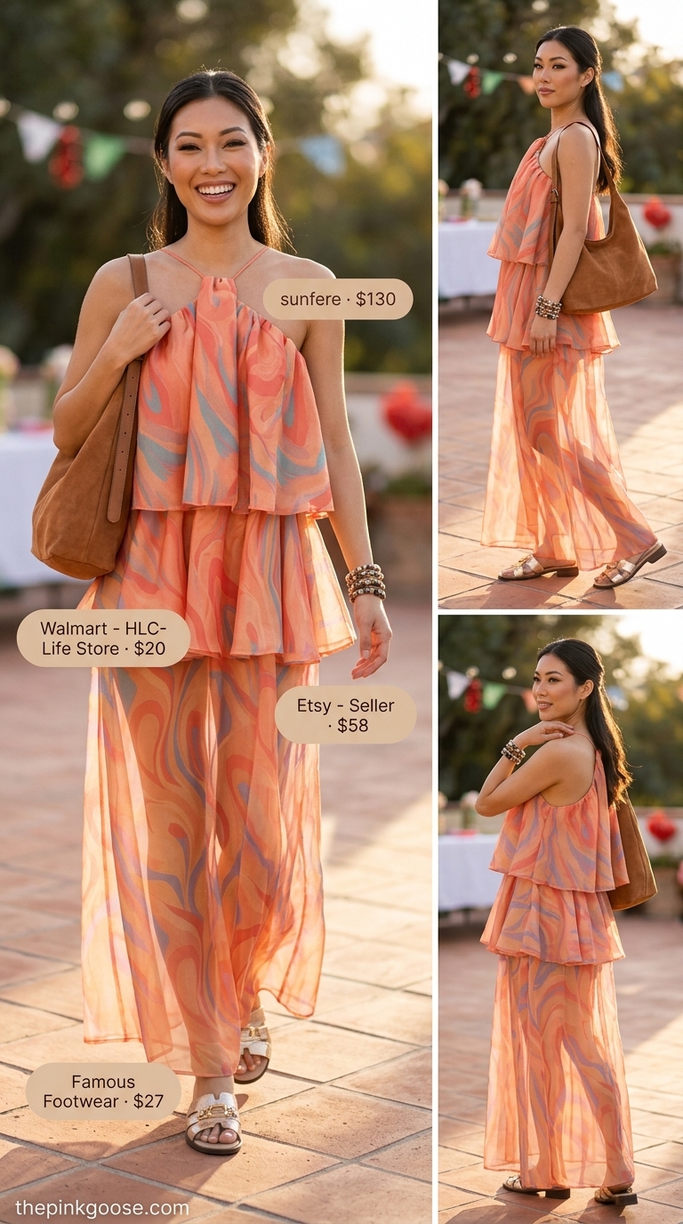 Glam summer birthday outfit for women 2026: Coral abstract maxi dress, embellished sandals, gold bangles, and slouchy bag.