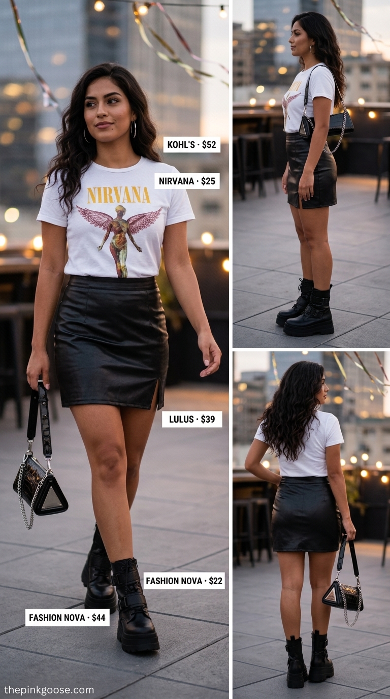 Glam summer birthday outfit for women 2026: Faux leather mini skirt, band tee, combat boots, silver hoops, and chain bag.
