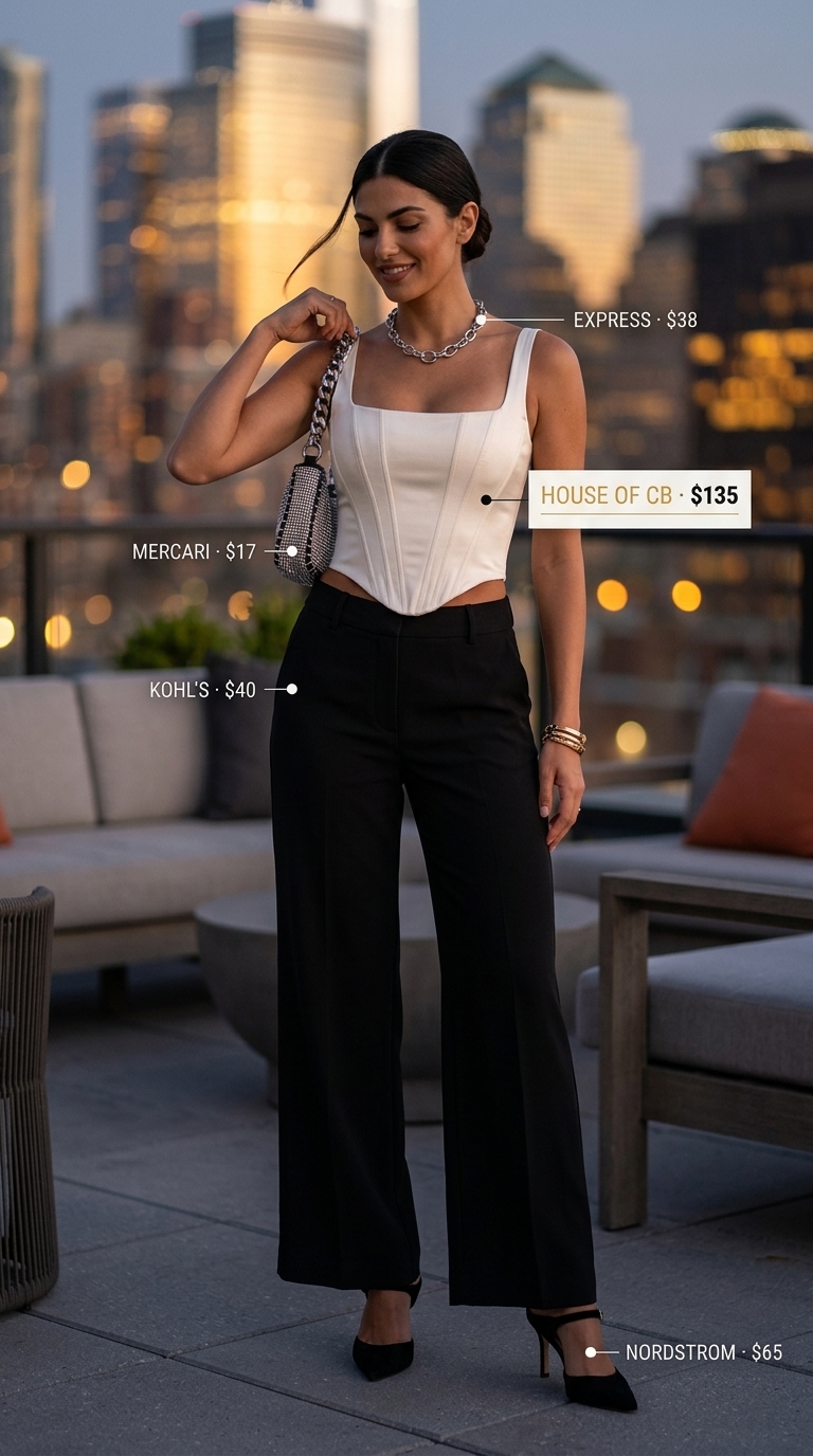 Glam summer birthday outfit for women 2026: Black wide-leg trousers, white satin corset top, and silver mules for a chic night out.