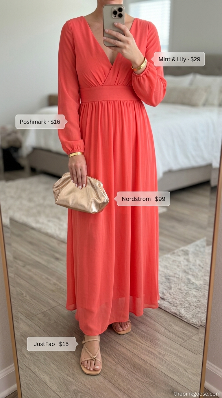Glam summer birthday outfit for women 2026: Coral maxi dress, gold cuff bracelet, and nude sandals for an elegant outdoor event.