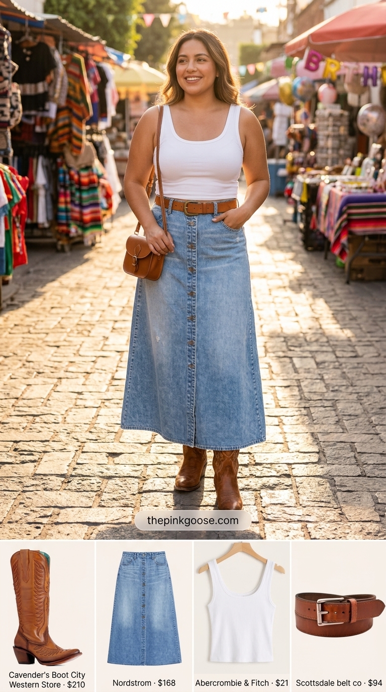 Glam summer birthday outfit for women 2026: Denim maxi skirt, white tank, cowboy boots, and saddle bag for a casual day event.