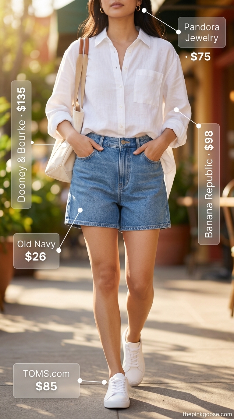 Glam summer birthday outfit for women 2026: Denim shorts, linen shirt, tote bag, white sneakers, gold hoops.