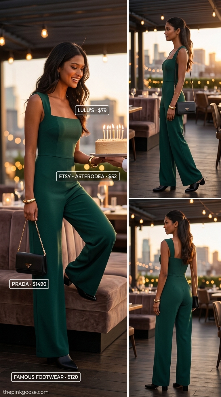 Glam summer birthday outfit for women 2026: Emerald green jumpsuit, gold cuff, black bag, black block heels.