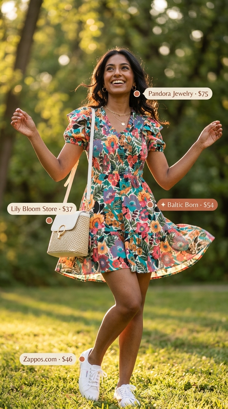 Glam summer birthday outfit for women 2026: Coral & teal floral mini dress, straw bag, gold hoops, white sneakers.