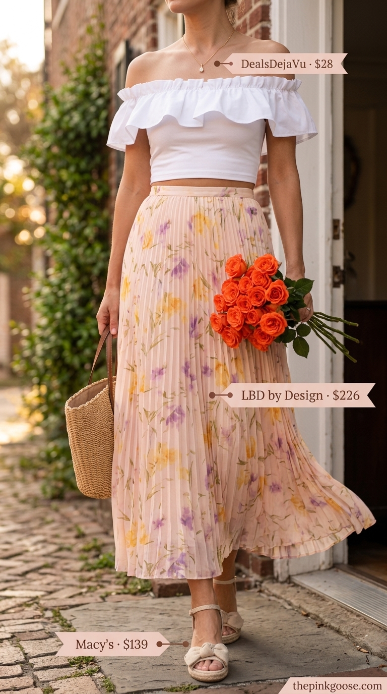 Glam summer birthday outfit for women 2026: Blush pink floral skirt, white crop top, straw tote, gold necklace.