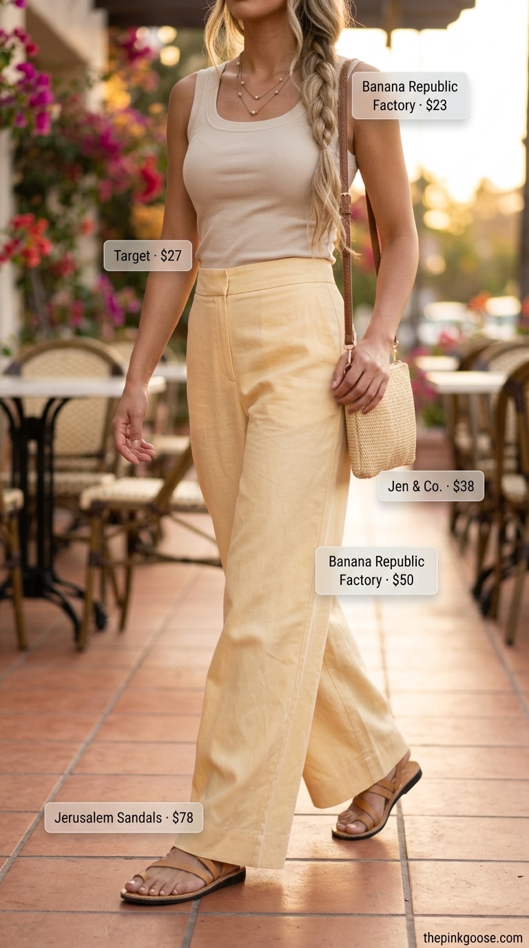 Glam summer birthday outfit for women 2026: Golden yellow linen pants, cream tank, and straw bag for a relaxed chic brunch.