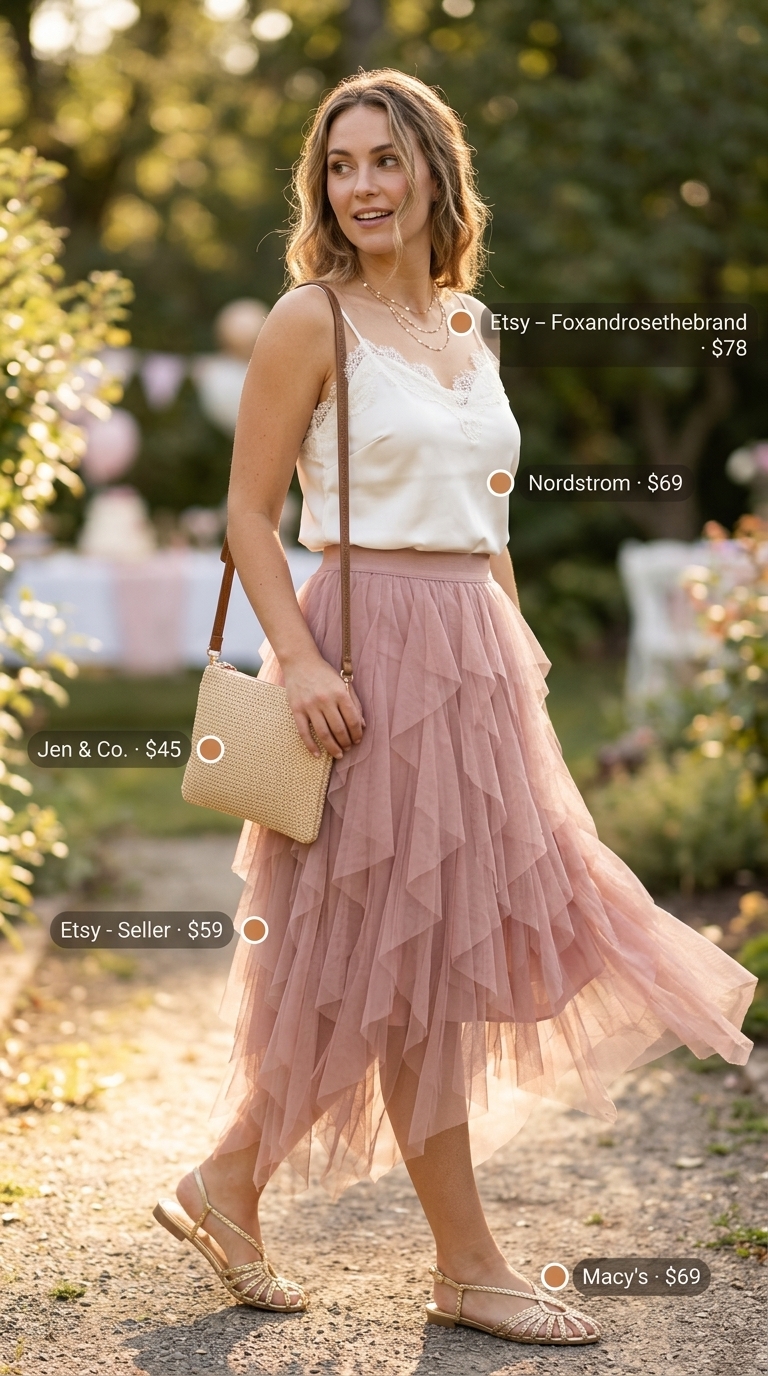 Glam summer birthday outfit for women 2026: Dusty rose maxi skirt, cream cami, gold necklaces, straw bag, gold sandals.