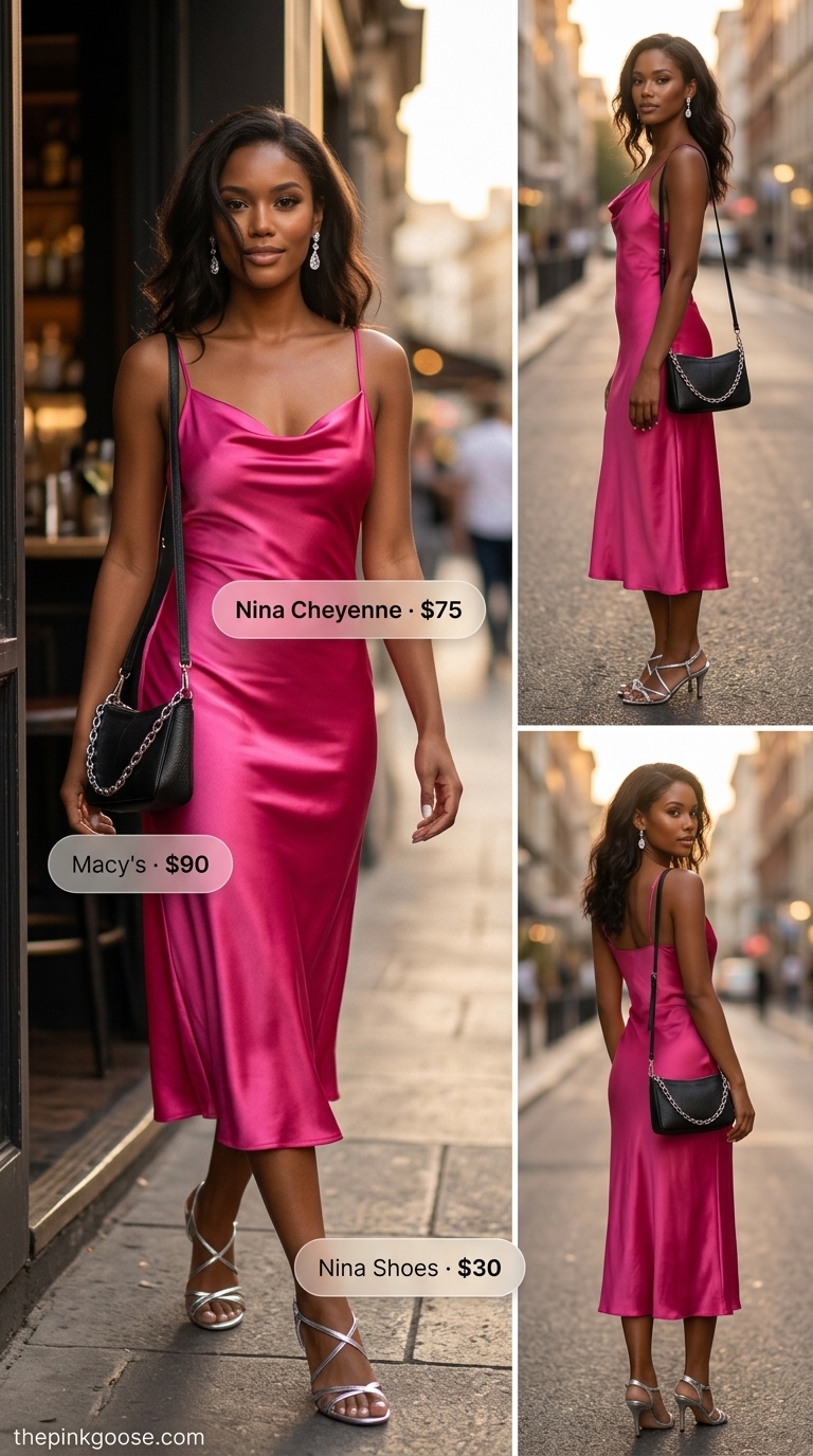 Glam summer birthday outfit for women 2026: Hot pink satin slip dress with silver heels and crystal earrings for an elegant evening.