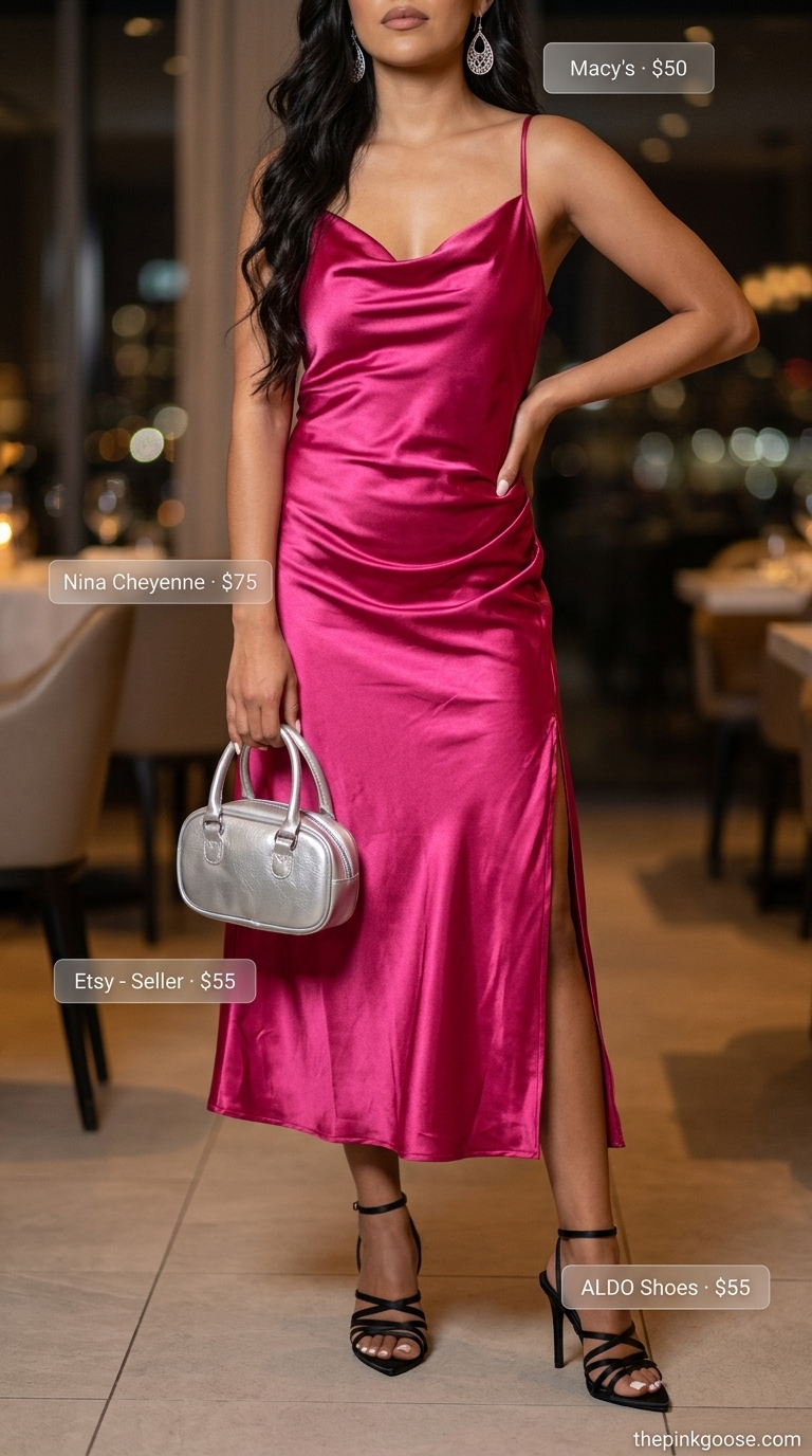 Glam summer birthday outfit for women 2026: Hot pink satin slip dress, silver earrings, metallic clutch, black heels.
