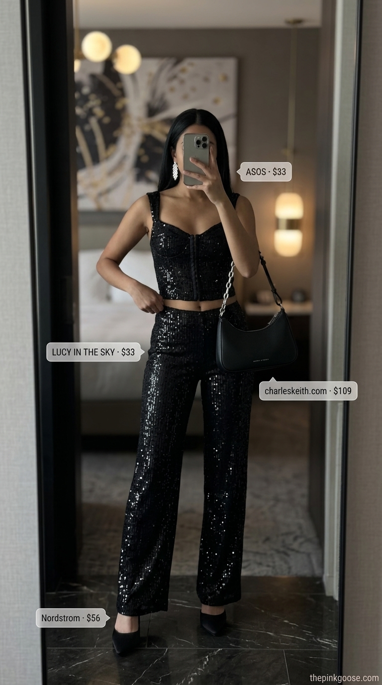 Glam summer birthday outfit for women 2026: Sequin halter top and wide-leg pants set with silver earrings for a glamorous night out.
