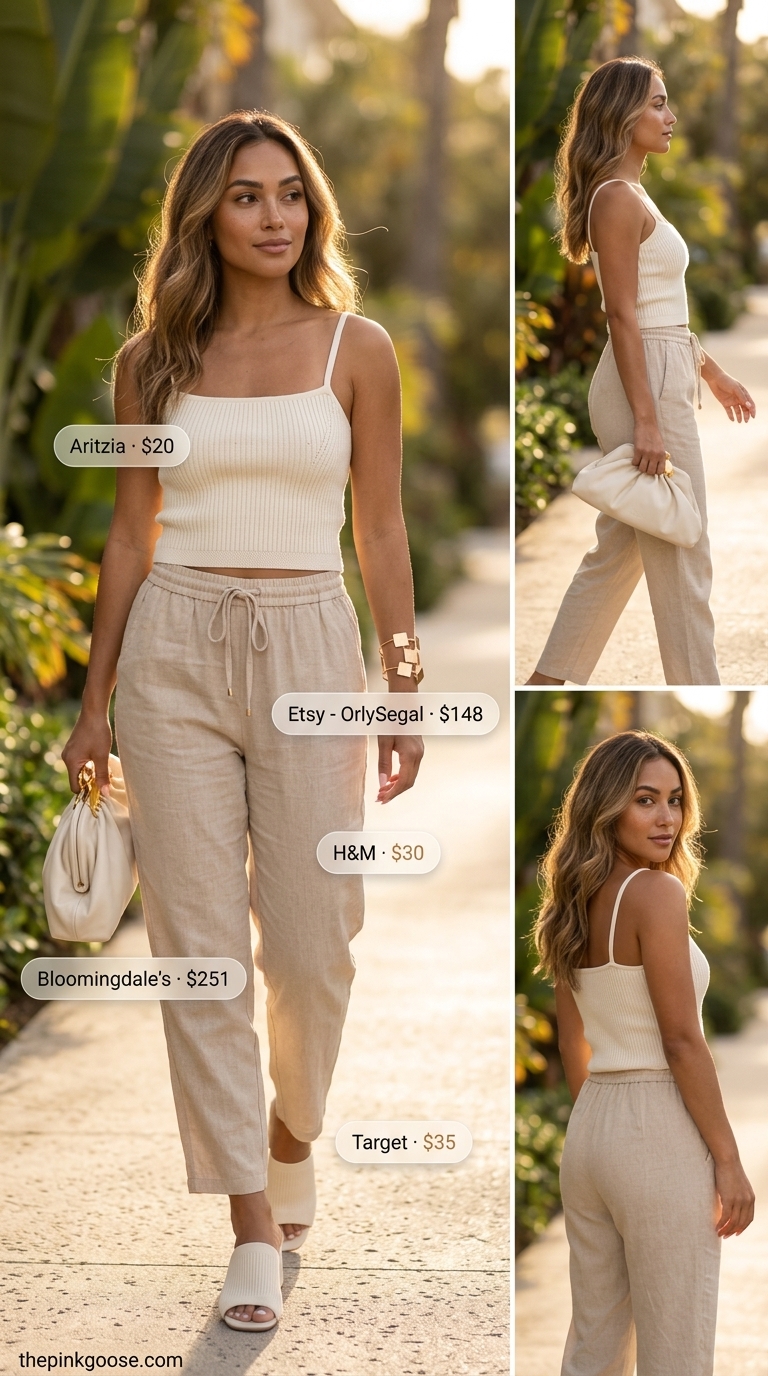 Hamptons summer old money outfit women 2026: Beige linen set, cream knit tank, gold cuff, structured clutch, heeled slides.