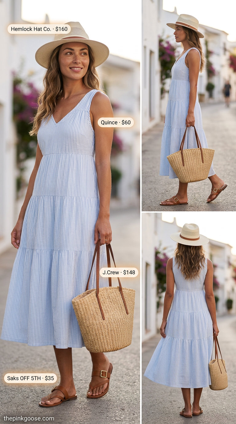 Hamptons summer old money outfit women 2026: Denim stripe maxi dress for beach day.