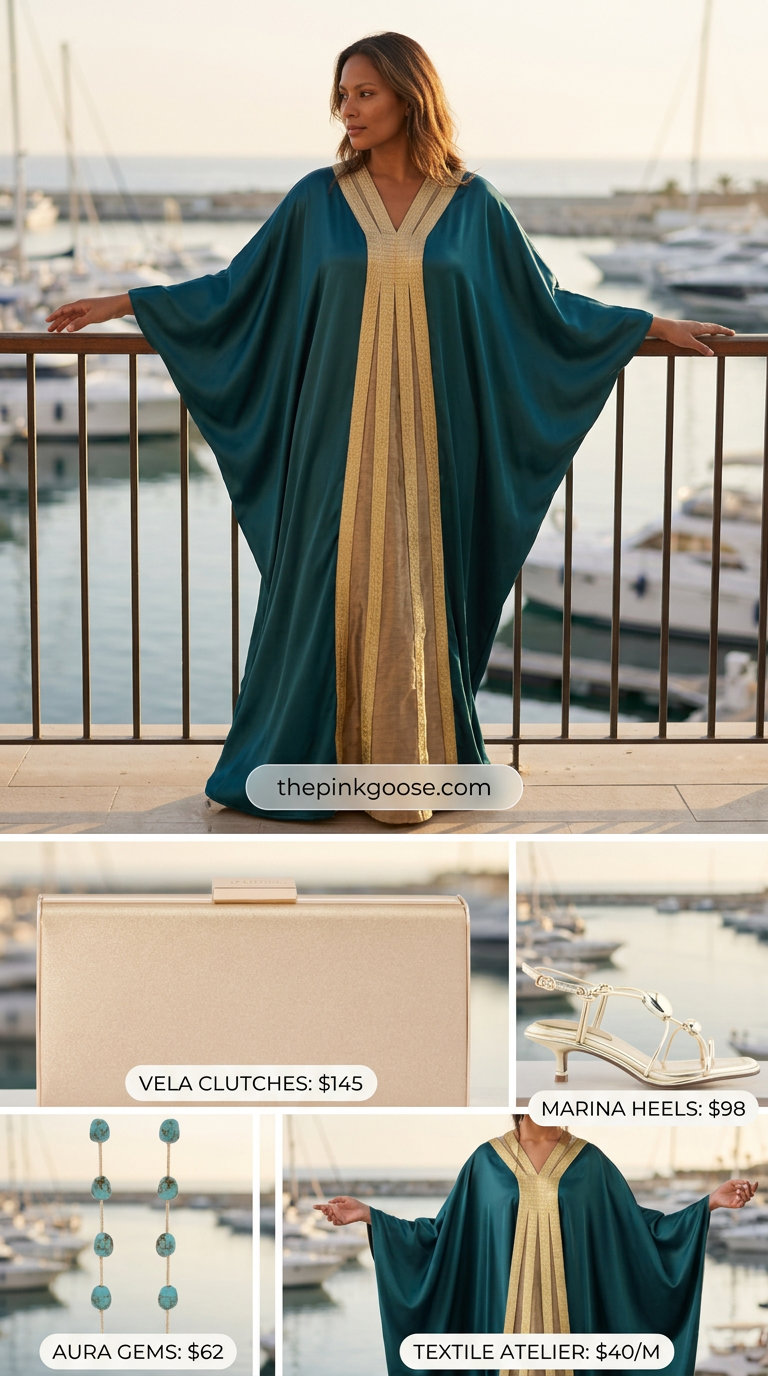 Hamptons summer old money outfit women 2026: Deep Teal silk kaftan with gold embroidery for evening events.
