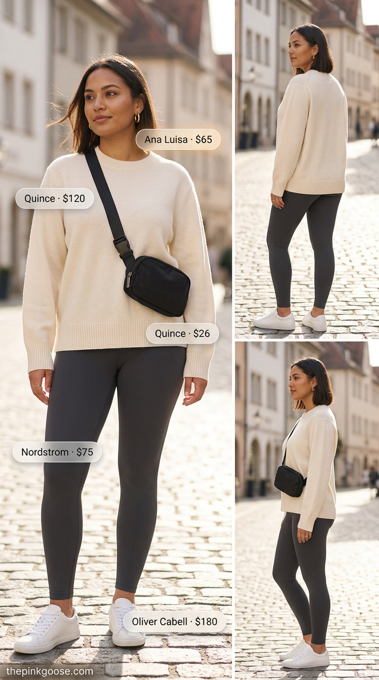 Hamptons summer old money outfit 2026: Charcoal grey performance leggings with cream cashmere sweater, gold hoops, and sneakers.