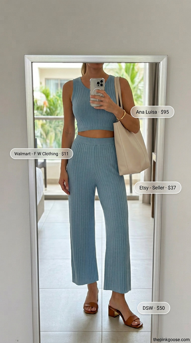 Hamptons summer old money outfit women 2026: Coastal blue knit set for brunch.