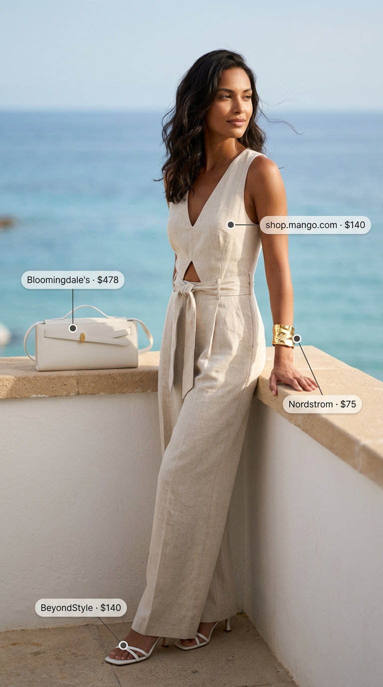 Hamptons summer old money outfit 2026: Sophisticated stone beige linen jumpsuit with white heeled sandals and gold cuff.