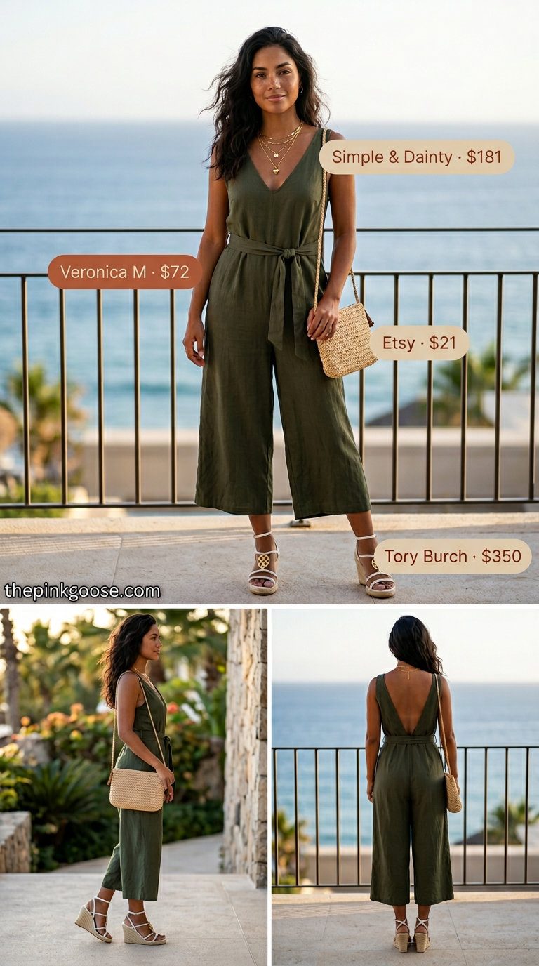 Hamptons summer old money outfit women 2026: Olive green linen jumpsuit for daytime.