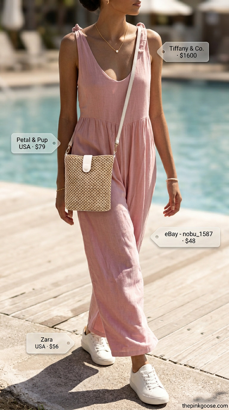 Hamptons summer old money outfit 2026: Chic blush pink linen romper with white sneakers and gold jewelry for a relaxed resort look.