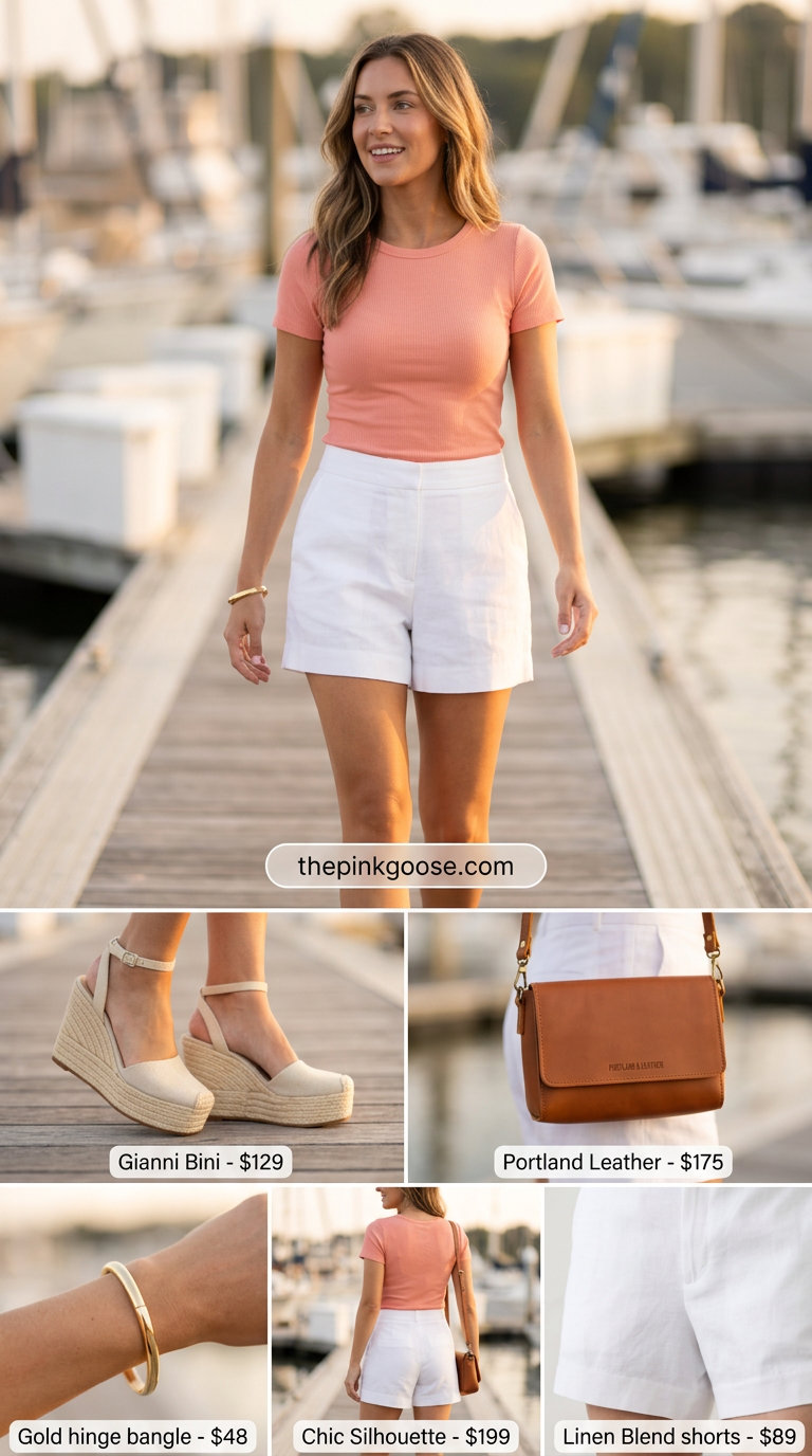 Hamptons summer old money outfit women 2026: White linen shorts, coral knit top for daytime events.