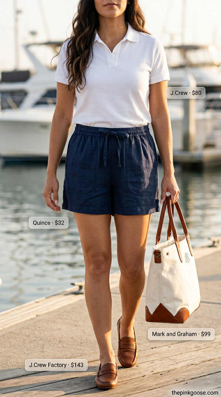 Hamptons summer old money outfit women 2026: Linen shorts, polo shirt, baseball cap, driving moccasins, canvas tote.