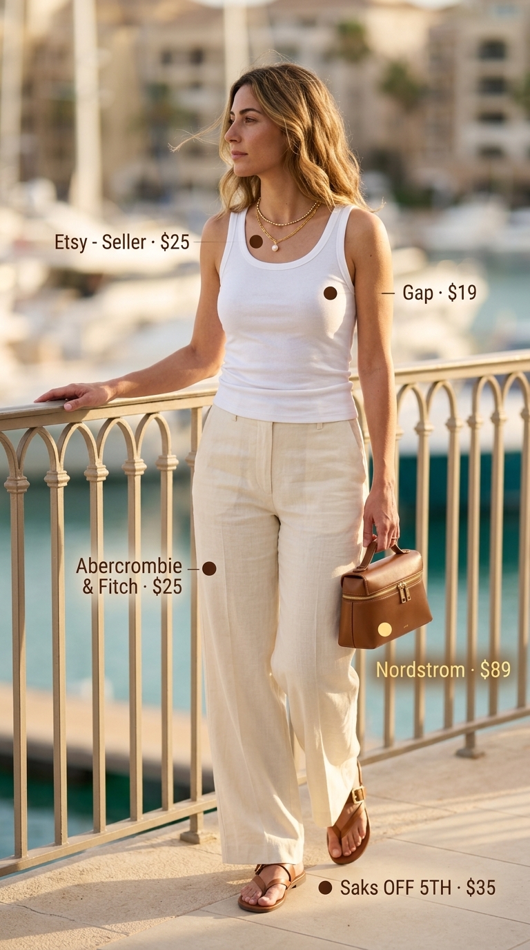 Hamptons summer old money outfit women 2026: Linen trousers, ivory tank, gold necklace, cognac bag, leather slides.