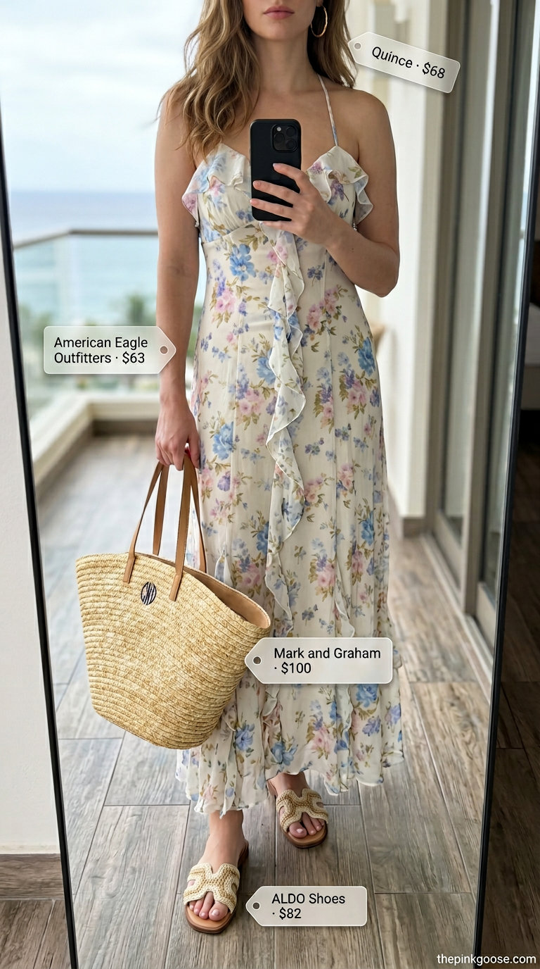 Hamptons summer old money outfit women 2026: Cream maxi dress, straw tote for beachside dinner.