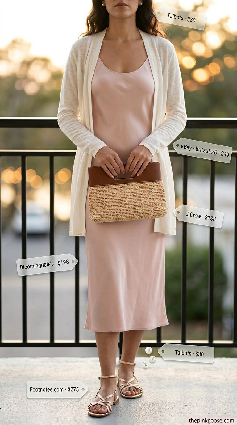 Hamptons summer old money outfit 2026: Blush pink silk slip dress with ivory duster cardigan, gold sandals, and pearl earrings.