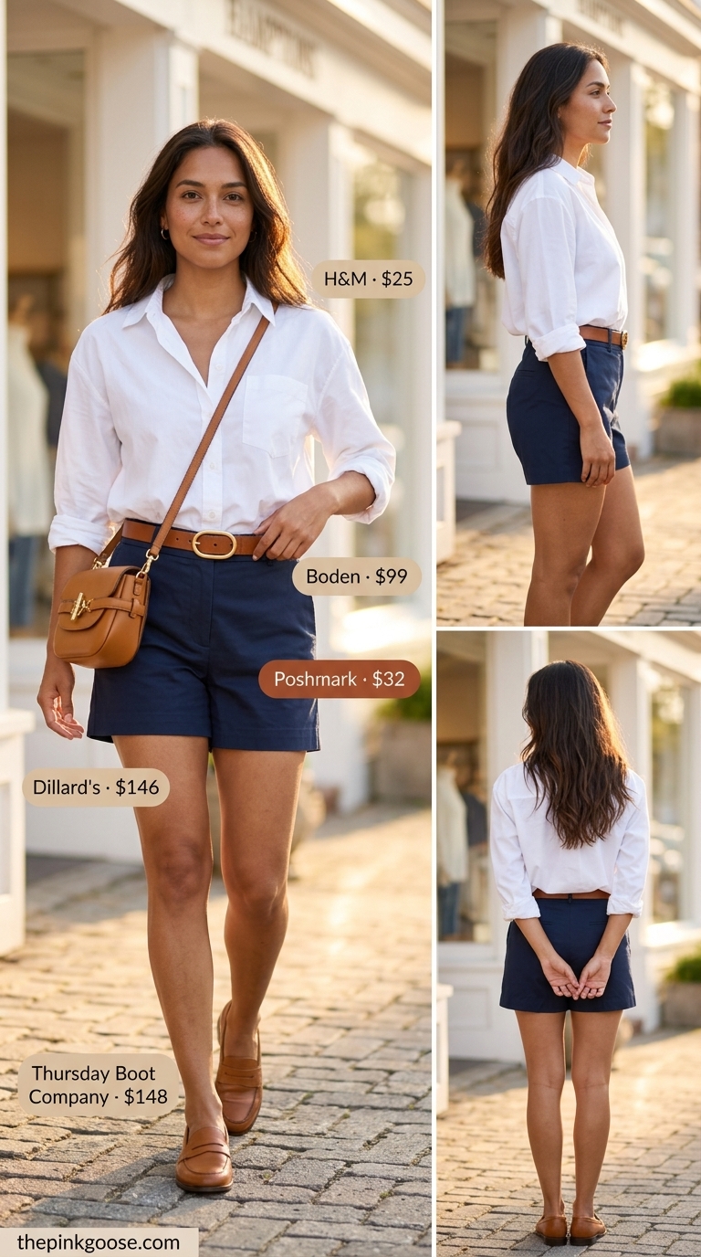 Hamptons summer old money outfit women 2026: White shirt, navy Bermuda shorts, tan belt, crossbody bag, loafers.