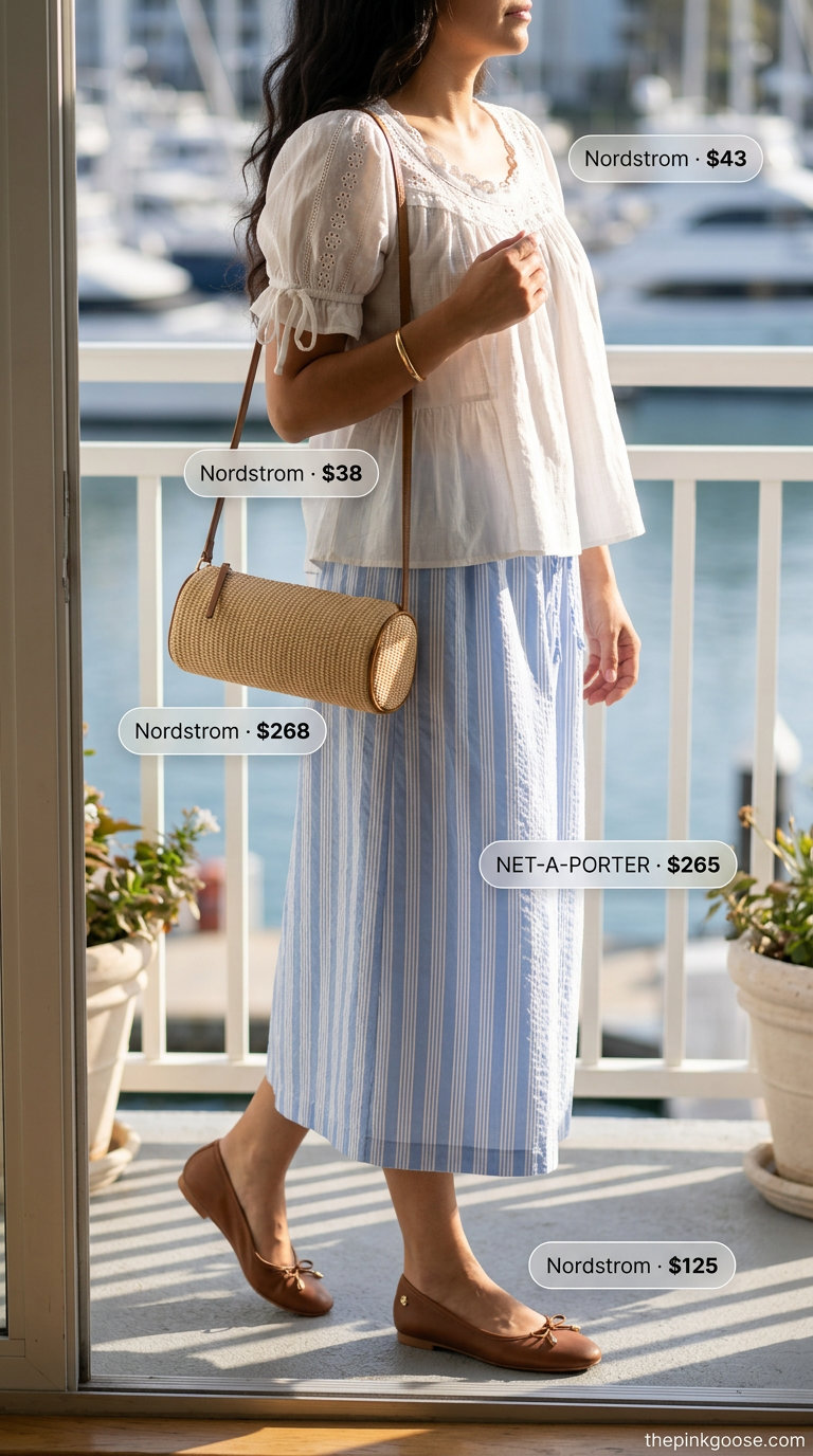 Hamptons summer old money outfit women 2026: Seersucker skirt, eyelet blouse, tan ballet flats, straw bag, gold bangle.