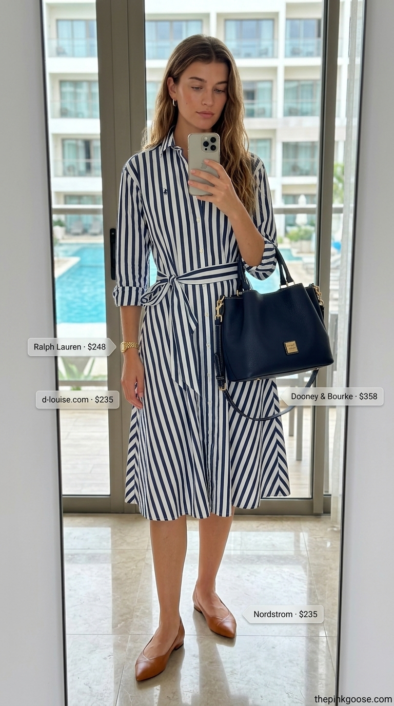 Hamptons summer old money outfit 2026: Navy and white stripe midi shirt dress with tan pointed-toe flats and gold watch.
