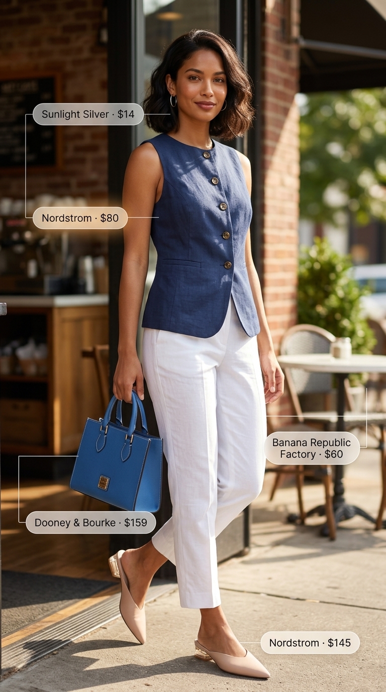 White tapered high waist summer linen pants for women 2026, paired with a navy vest for city sophistication.