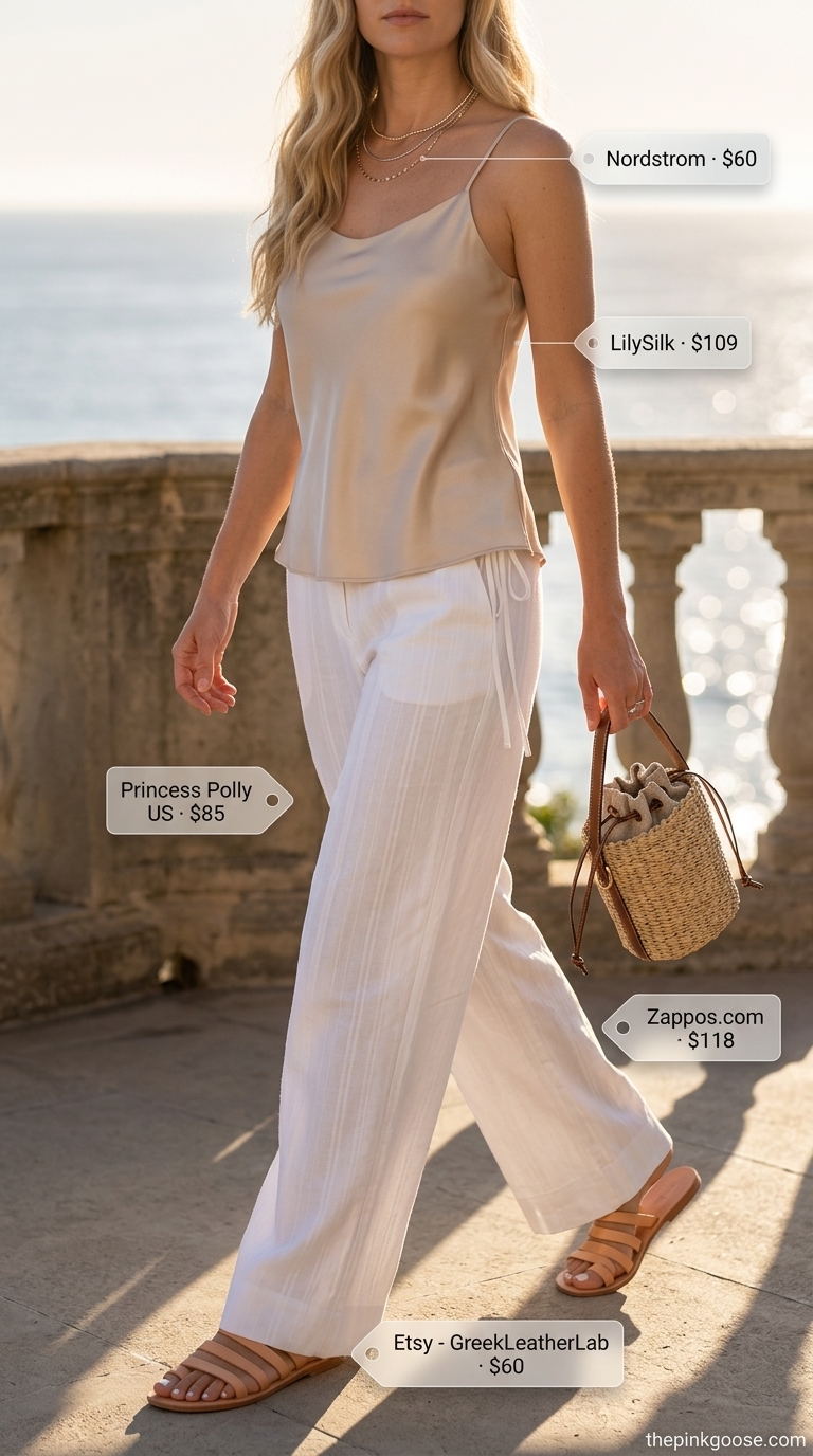 Coastal breeze dinner outfit featuring crisp white linen pants, silk camisole, and leather slides. High waist summer linen pants for women 2026.