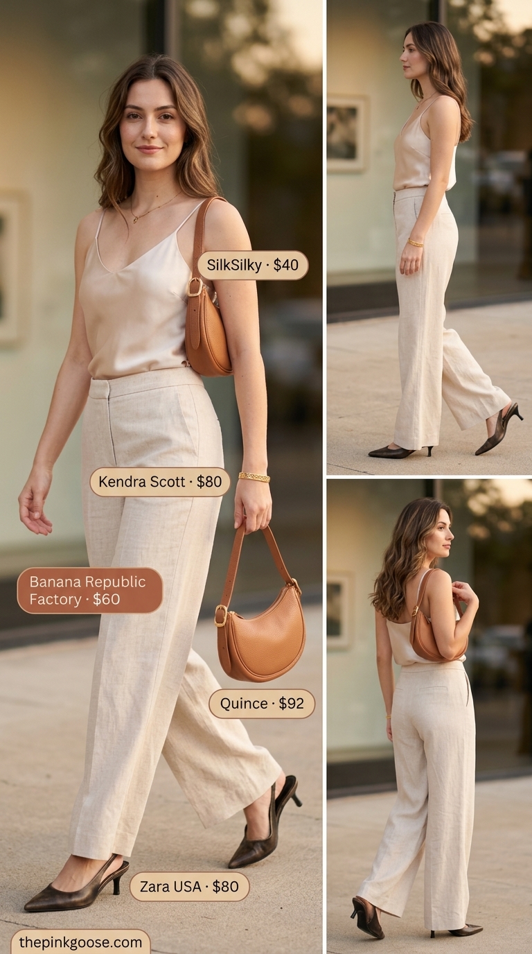 Gallery opening chic outfit with cream linen trousers, silk camisole, and slingback heels. High waist summer linen pants for women 2026.