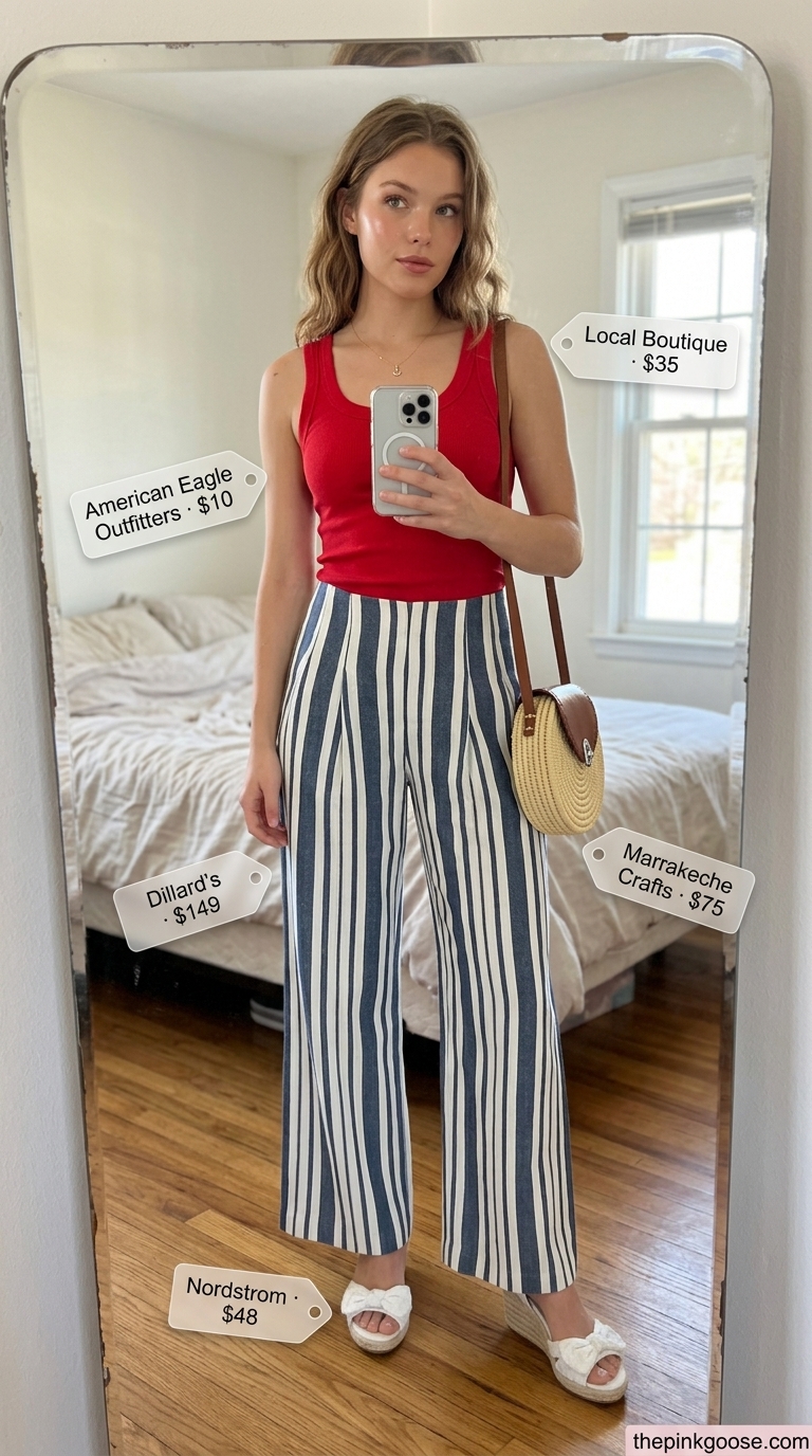 Navy and white stripe high waist summer linen pants for women 2026, styled with a red tank top for a Mediterranean cruise vibe.