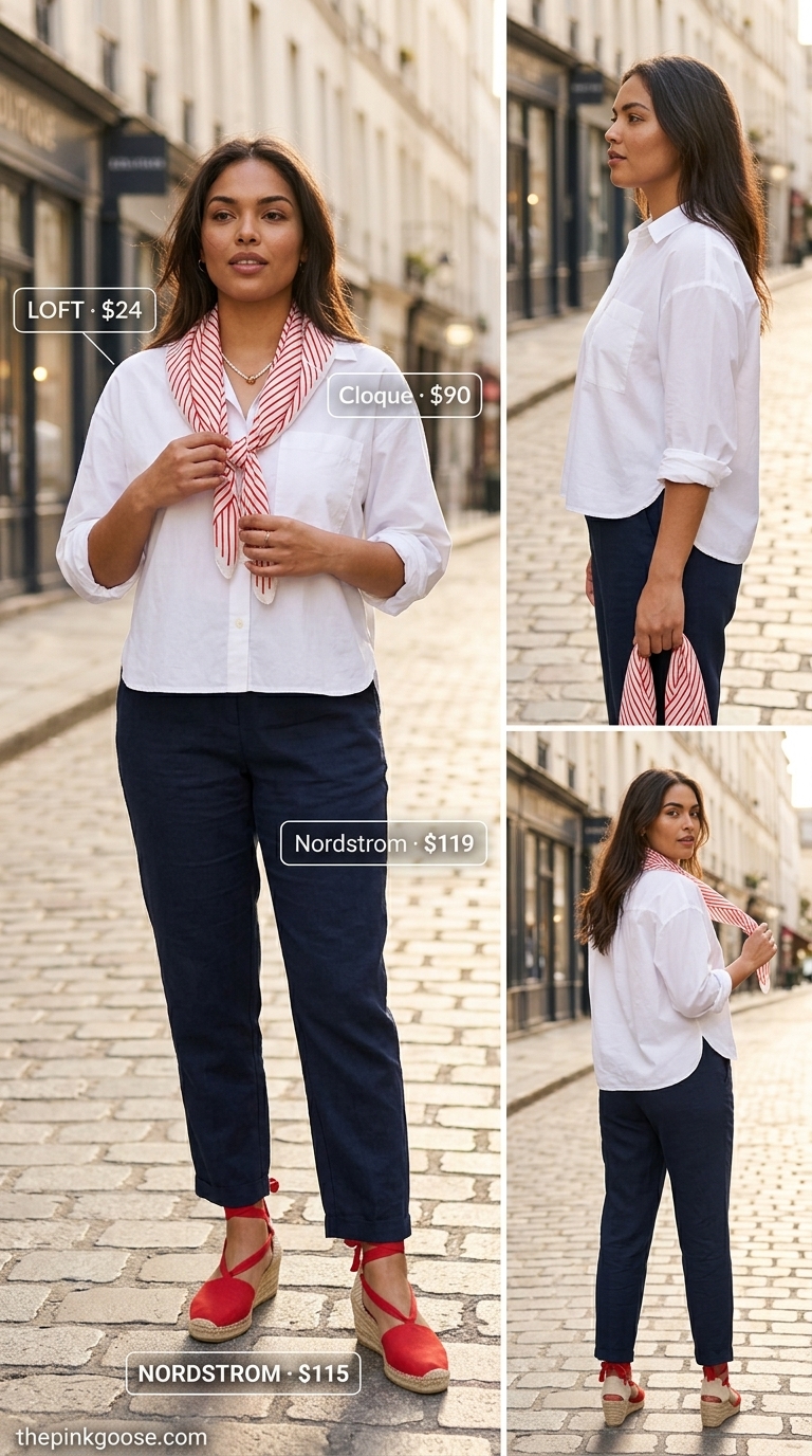 Riviera brunch outfit with navy linen pants, white shirt, and espadrille wedges. High waist summer linen pants for women 2026.