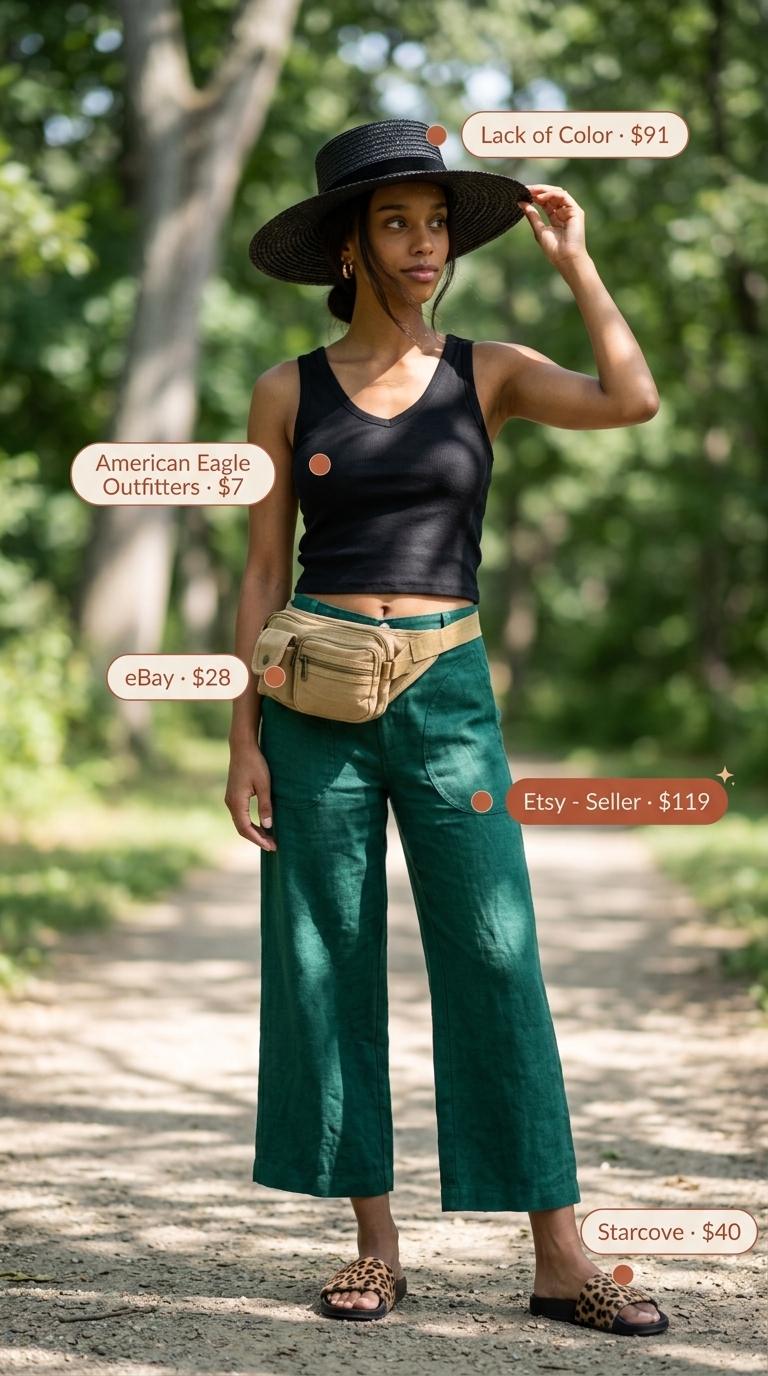 Safari adventure ready outfit with olive green linen pants, black tank, and straw hat. High waist summer linen pants for women 2026.