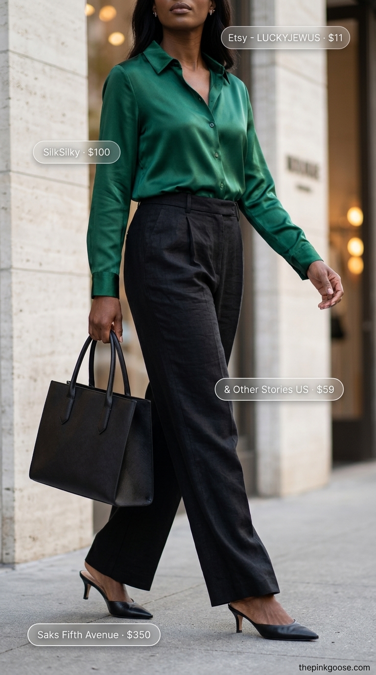 Urban summer Friday outfit with black linen trousers, emerald silk blouse, and mules. High waist summer linen pants for women 2026.