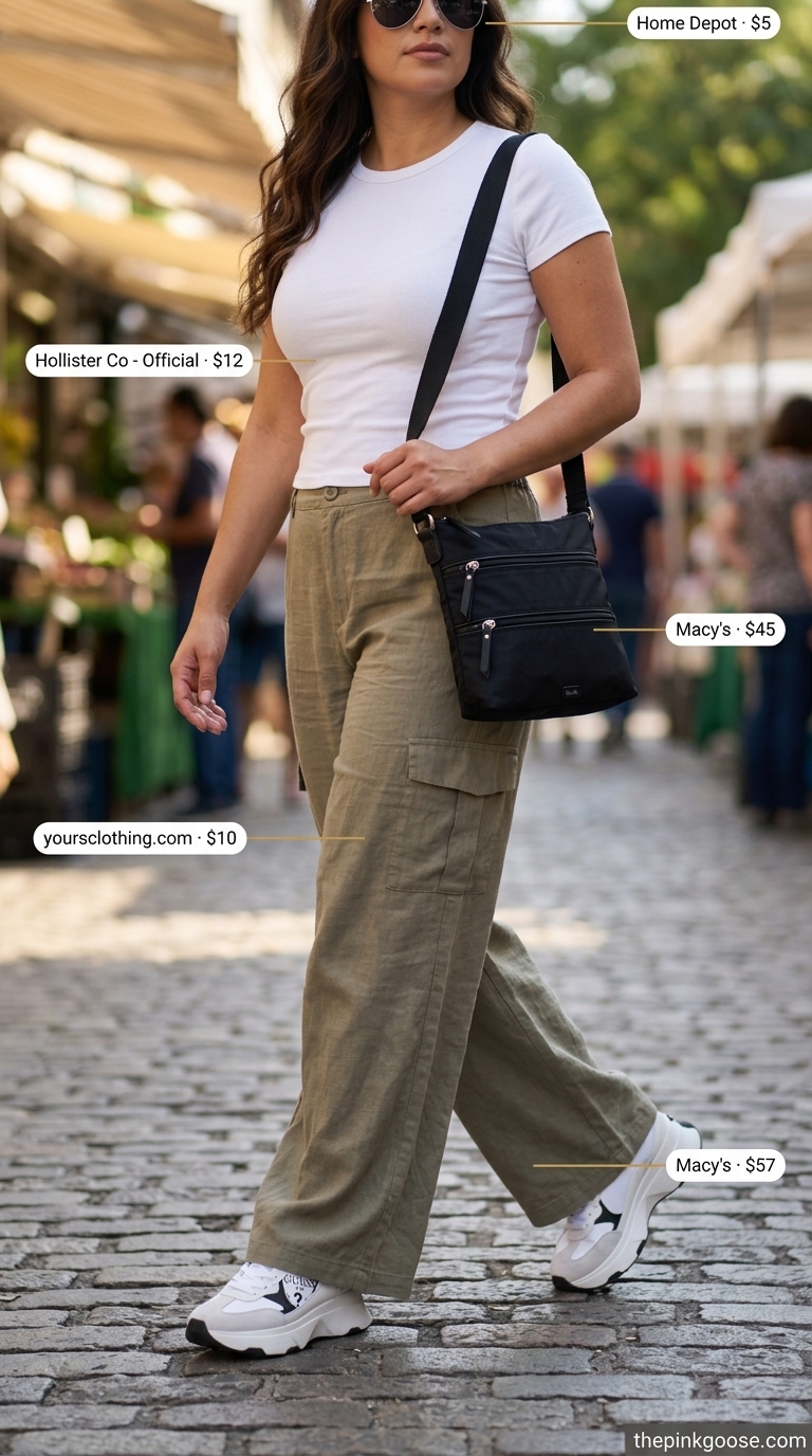 Khaki cargo high waist summer linen pants for women 2026, styled with a white tee and sneakers for utility chic.