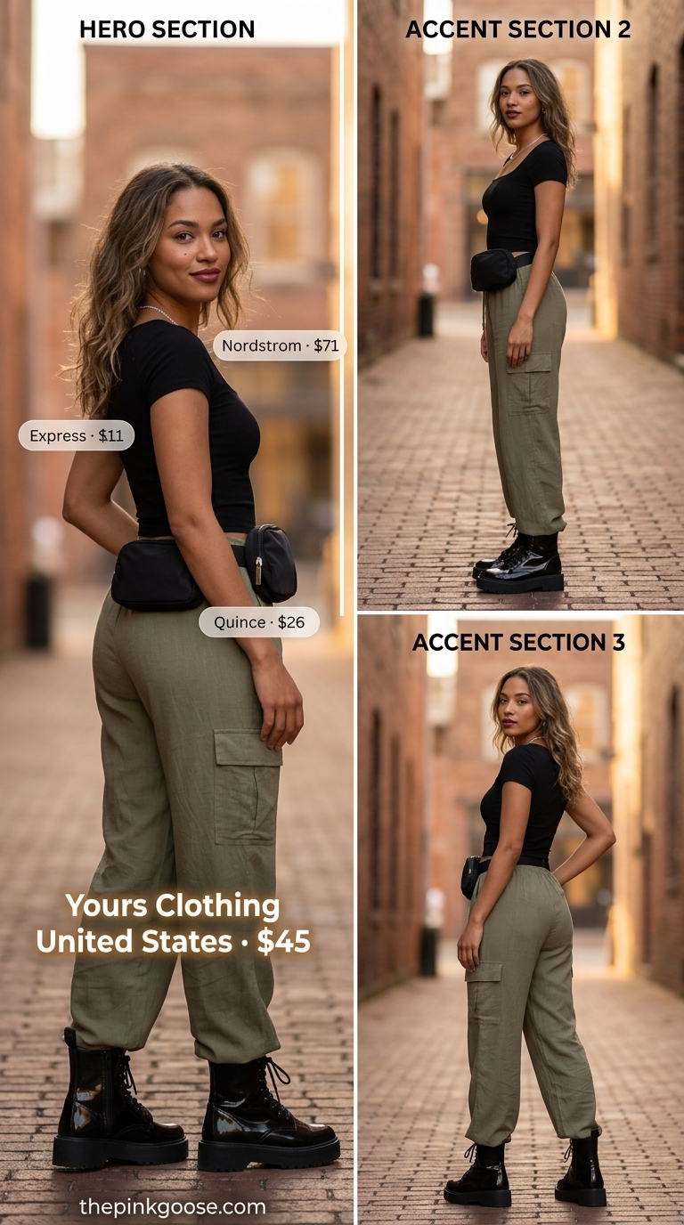 Utility city explorer outfit with olive cargo linen pants, black crop top, and combat boots. High waist summer linen pants for women 2026.