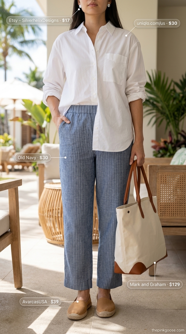 Chambray blue high waist summer linen pants for women 2026, paired with a white button-down for weekend comfort.