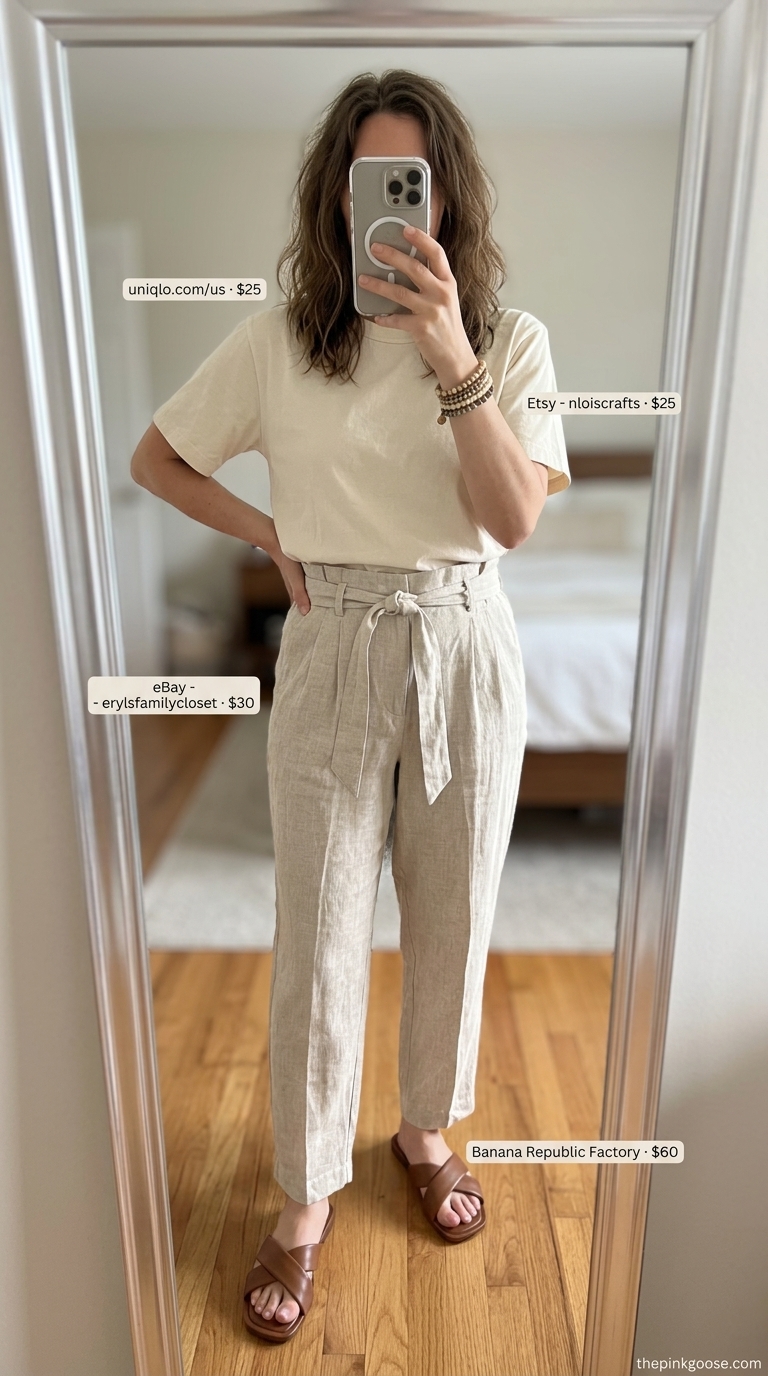 High waist summer linen pants for women 2026 in natural beige, styled with a cream tee and rust sandals for a farmers market.