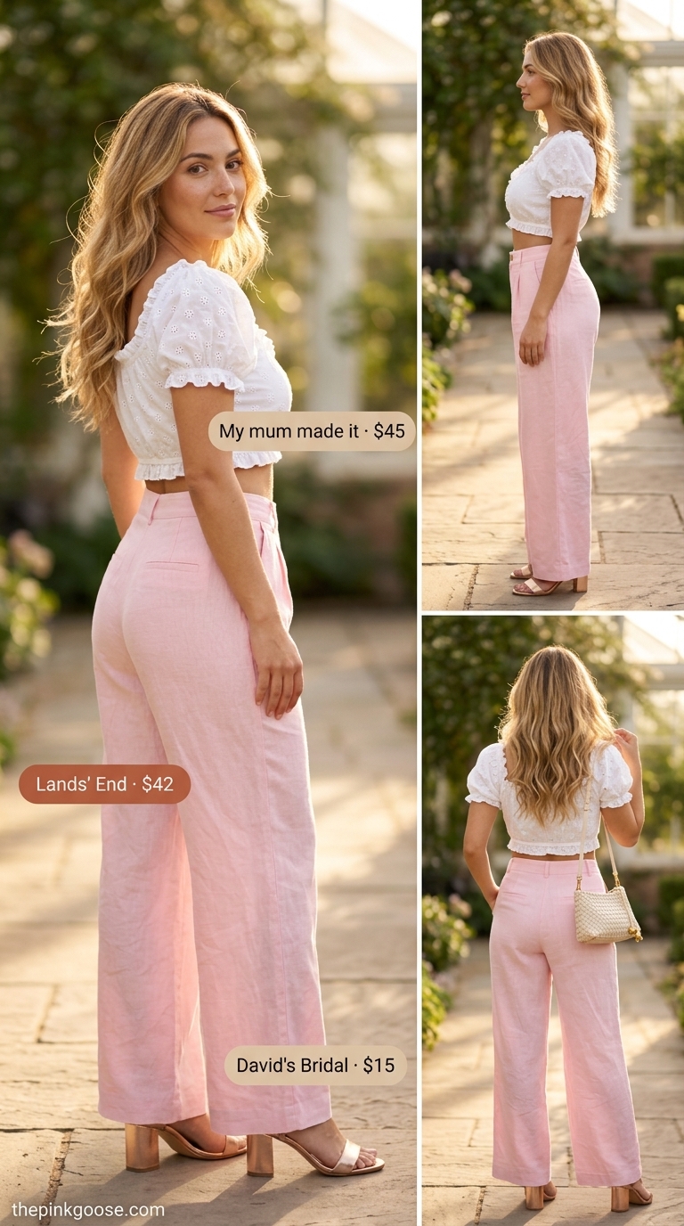 High waist summer linen pants for women 2026 in blush pink, paired with cream eyelet top and rose gold sandals for a garden party.