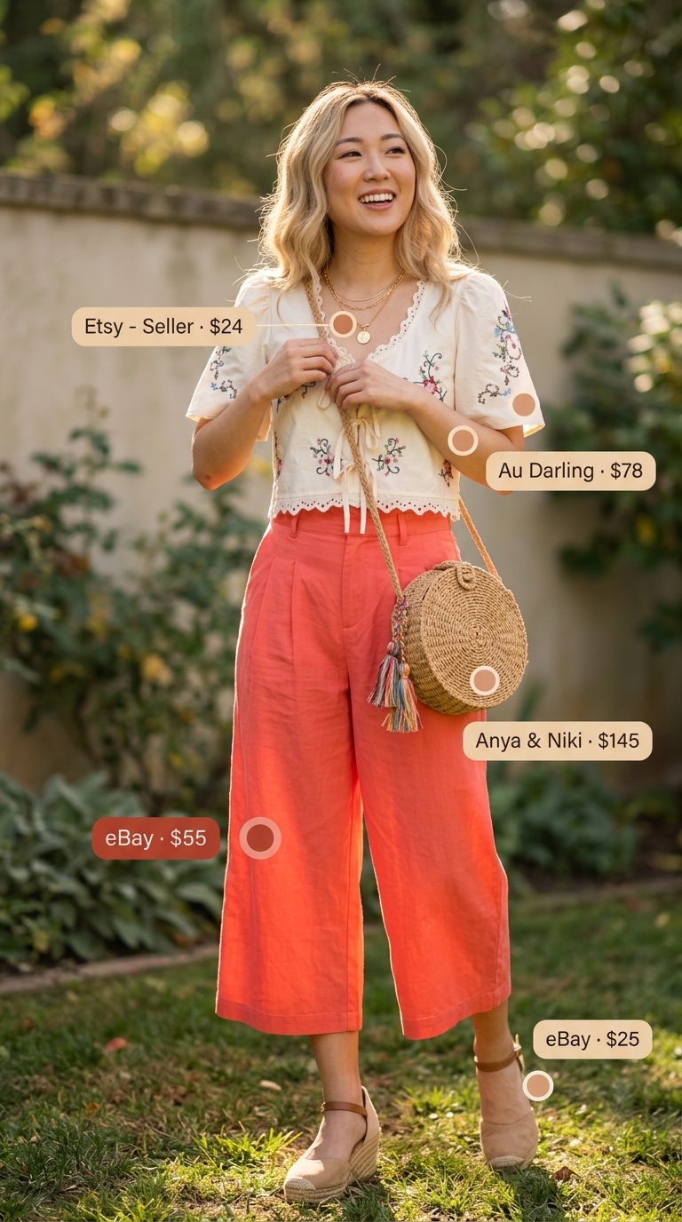 High waist summer linen pants for women 2026 in coral, styled with a boho peasant blouse and espadrille sandals for a music festival.