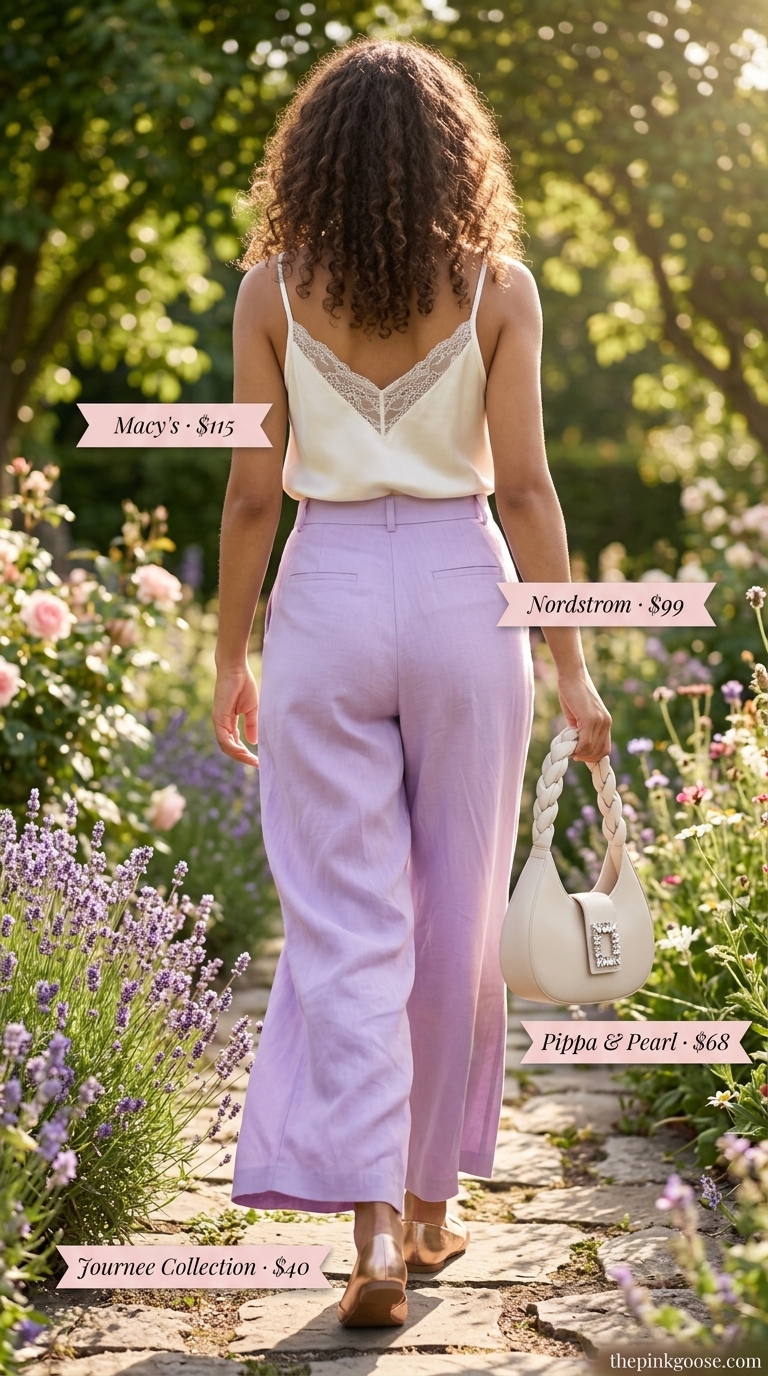 High waist summer linen pants for women 2026 in lavender paired with ivory camisole and rose gold accessories for a garden party.