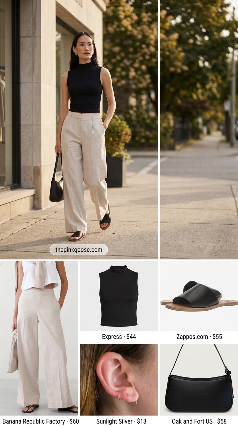 High waist summer linen pants for women 2026 in oatmeal beige, paired with black mock-neck top and leather sandals for a coffee date.