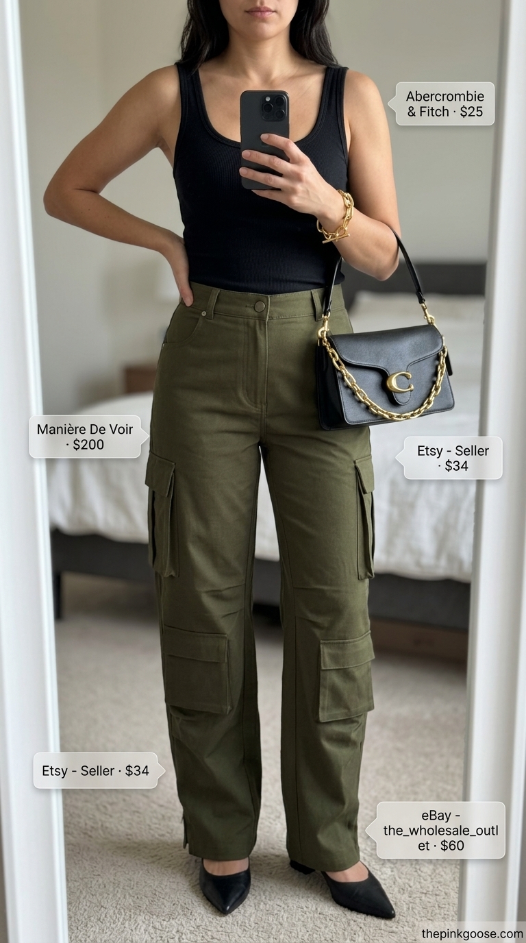 High waist summer linen pants for women 2026 in olive green cargo style, paired with black tank and leather mules for urban exploration.