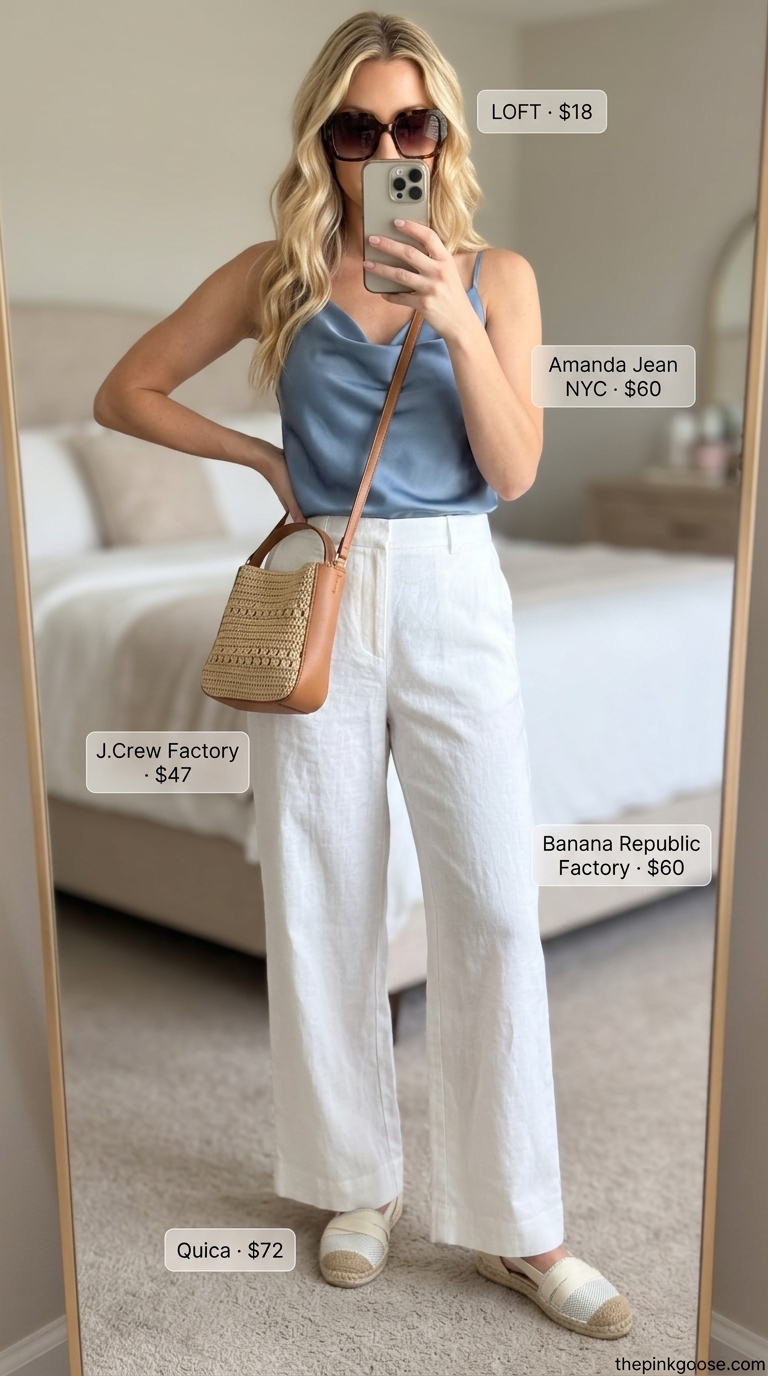 High waist summer linen pants for women 2026 in white, paired with sky blue silk camisole and tan espadrilles for a resort lunch.