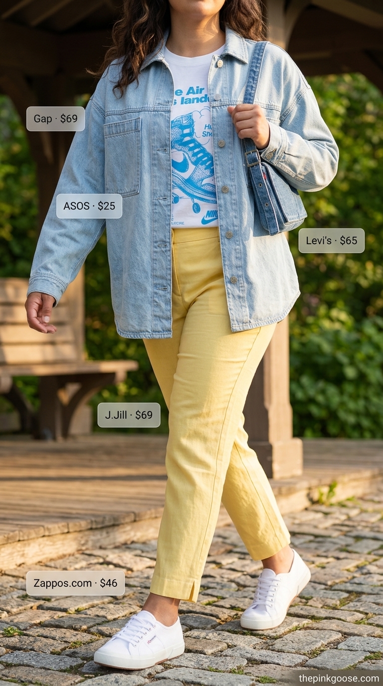 High waist summer linen pants for women 2026 in bright yellow, styled with a graphic tee and denim jacket for a casual day out.
